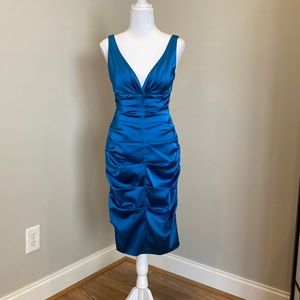Peacock Blue Cocktail V-Neck Dress, Ruched, Form-Fitting